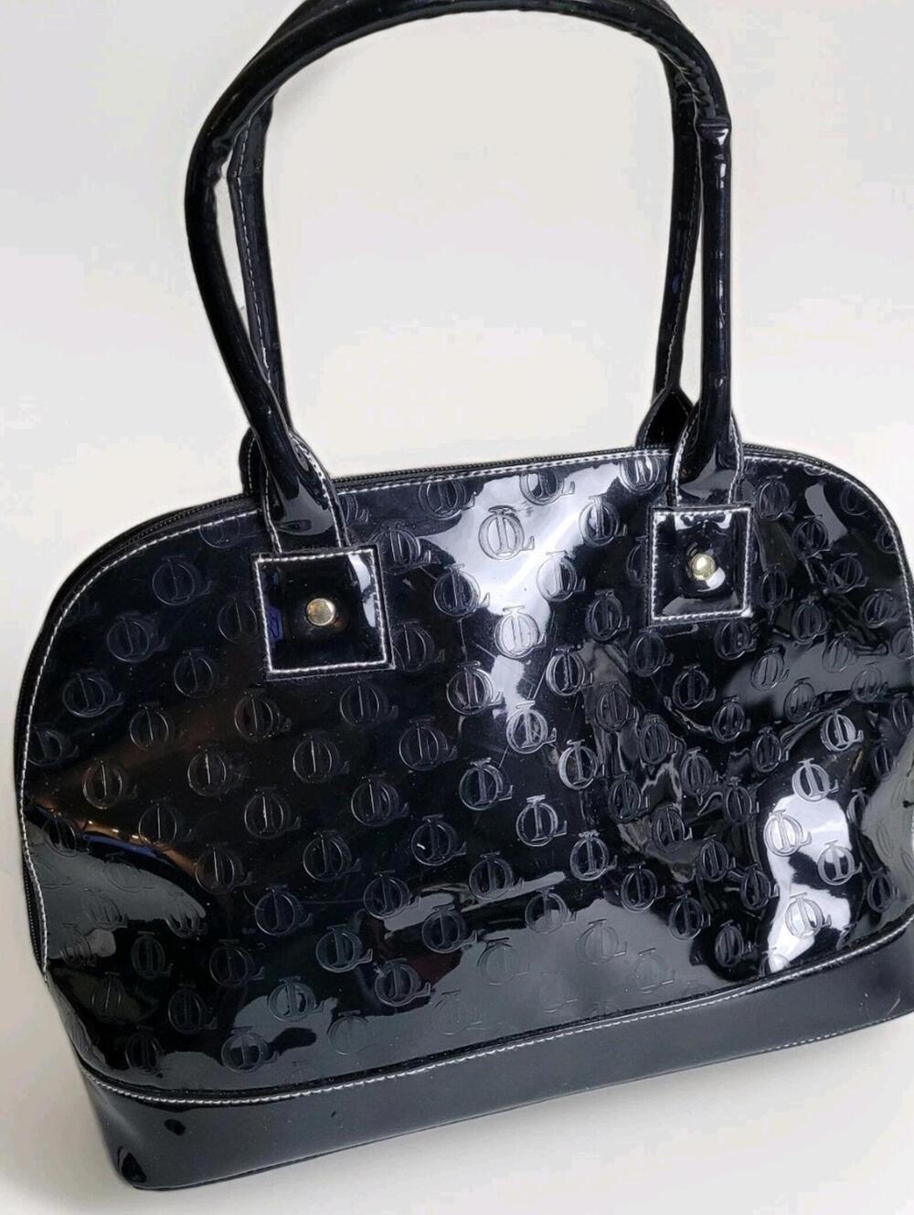 Queen Latifah Black Satchel Purse Red Lining Zip Top Handle Bag Charms Logo